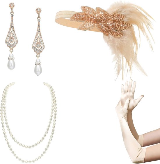 Allecto Plus - Flapper Gatsby kostuumaccessoires 1920s - Roaring 20s hoofdband (10 stuks) met veerdetail