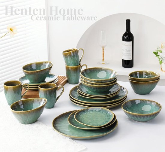 Assiettes spéciales en faïence - 20 x 17 cm pour 4 personnes - assiettes à déjeuner en porcelaine - design vert - pour collations et trempettes.