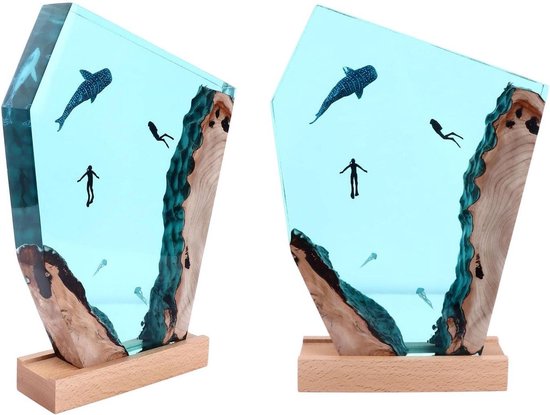 LED Nachtlamp Handgemaakt Ocean Whale Diver Nachtlampje - Houten Lamp Met LED Verlichting, Onderwaterscène Walvis Nachtlampje Handgemaakt