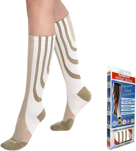 Chaussettes de compression Sankom – Bas de contention unisexes à coupe anatomique – Pour la Marche, la Course à pied, les Voyages et la Grossesse – Beige