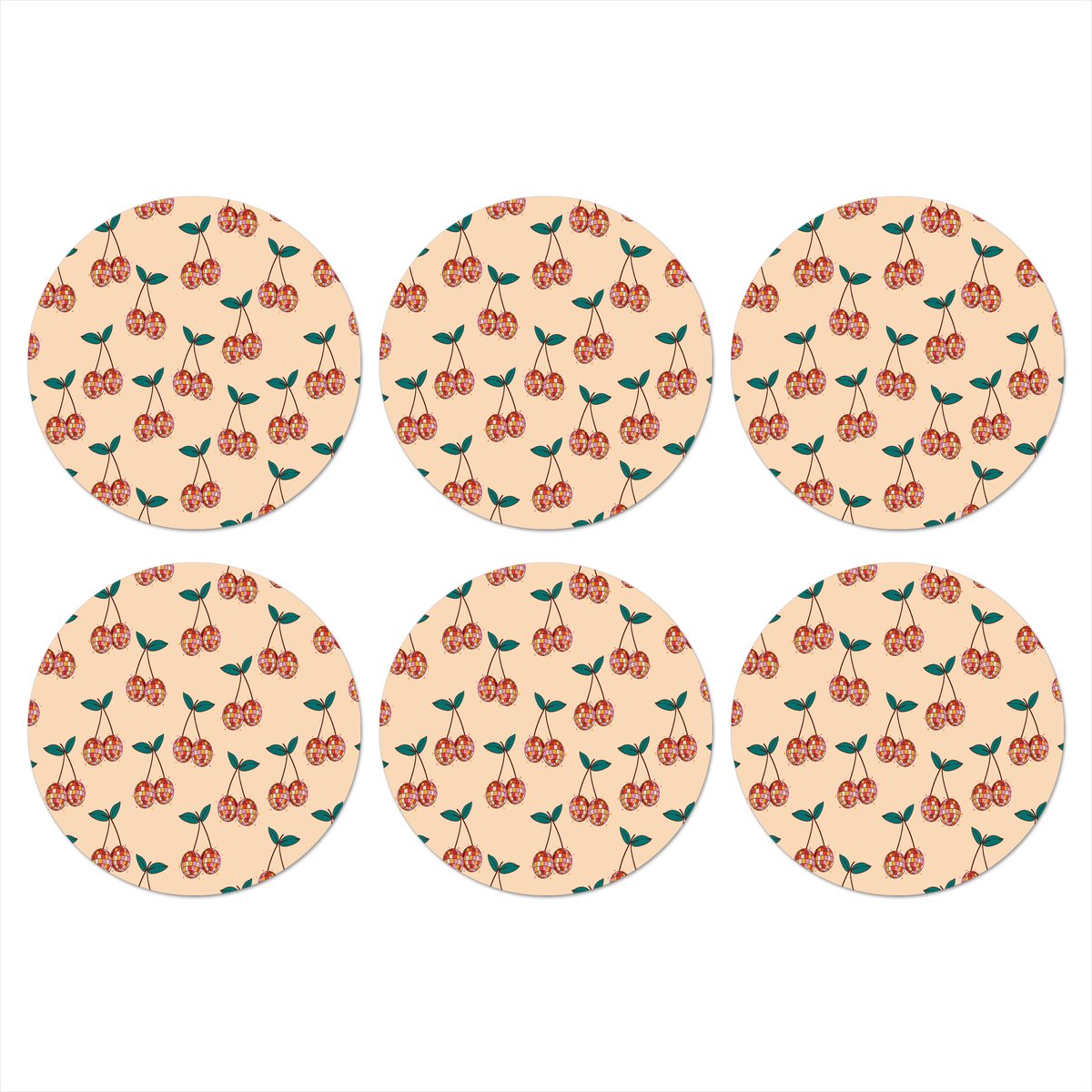 Onderzetters voor glazen - Rond - Retro - Disco - Kers - Multi - 10x10 cm - Glasonderzetters - 6 stuks