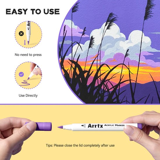 Demonstratie van het gebruik van Arrtx acrylmarkers, met illustratie van een berglandschap.