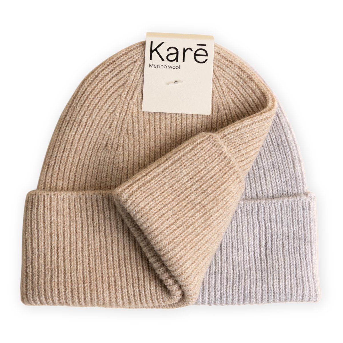 Karē Baby Muts - Baby Mutsje Unisex - 0-6 maanden - Zacht & Ademend Merino Wol - 2 Pack - Bon Beige & Mixed Grey