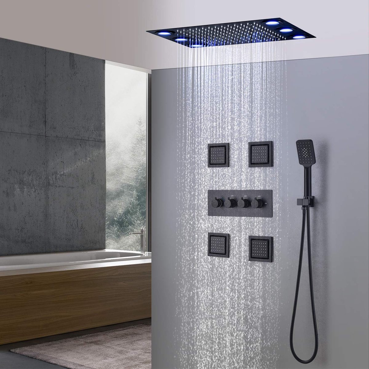 Oihpaw douchesysteem 3-functies LED-thermostaat doucheset, 360 x 500 mm, RGB-doucheset, 4 inch zijstraal, handdouche, regenfunctie