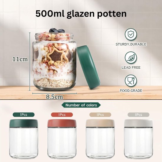 Lot De 6 Verres à Flocons D'Avoine Overnight Oats 350 Ml Avec Couvercle Et Cuillère - Bocaux Yaourt Réutilisables