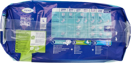 Achterkant van de verpakking van TENA ProSkin Slip L. Productinformatie in diverse talen.