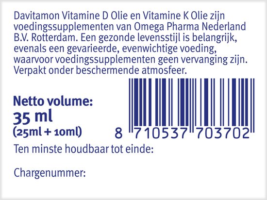Achterkant van Davitamon duo verpakking met netto volume 35 ml en barcode.