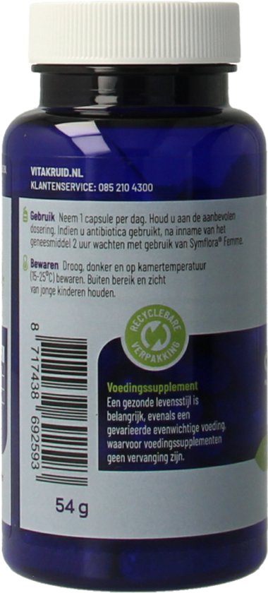 Blauwe pot met witte dop, 54g, met tekst over gebruik, bewaren en voedingssupplement.