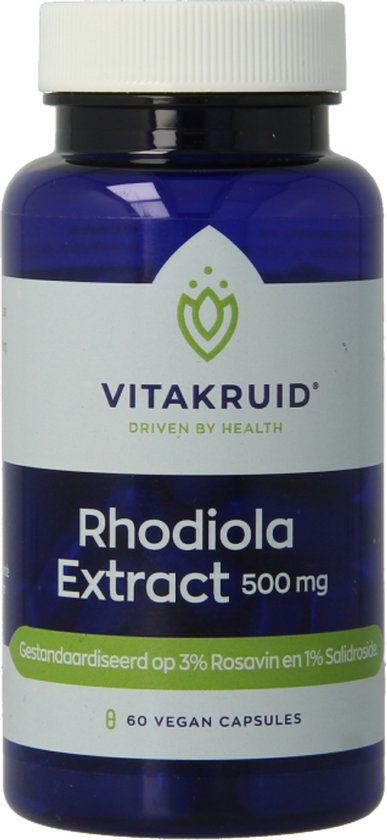 Blauwe pot met een wit label met het Vitakruid logo, 'Rhodiola Extract 500 mg' en '60 VEGAN CAPSULES'.