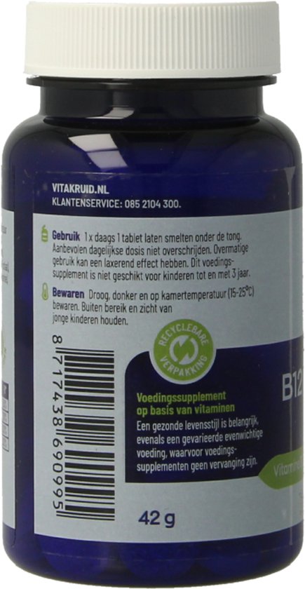Donkerblauwe pot met witte dop, etiket met informatie over gebruik, bewaren en ingrediënten. 42g.