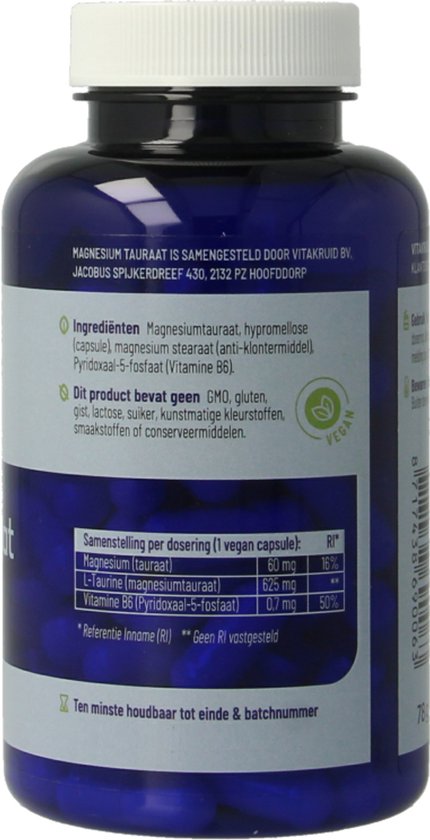 Blauwe pot met witte dop. Gevuld met blauwe capsules. Etiket met ingrediënten, samenstelling en vegan logo.