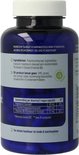 Blauwe pot met witte dop. Gevuld met blauwe capsules. Etiket met ingrediënten, samenstelling en vegan logo.
