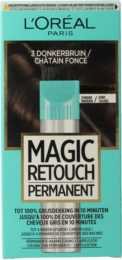 Voorkant van de Magic Retouch Permanent verpakking, kleur 3 Donkerbruin, met applicator.