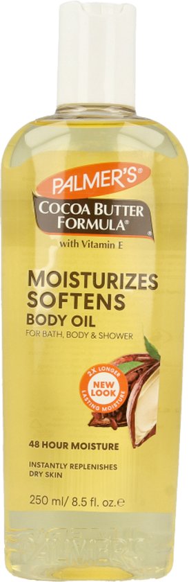 Palmer's body oil fles met "New Look" sticker. Hydraterende body oil met cacaoboon.
