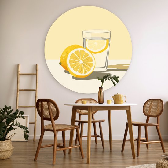 WallCircle® Wandcirkel 120x120 cm - Muurcirkel Glas - Citroenschijfjes - Geel - Muurdecoratie woonkamer - Wanddecoratie slaapkamer - Kamer decoratie accessoires - Ronde schilderijen XXL