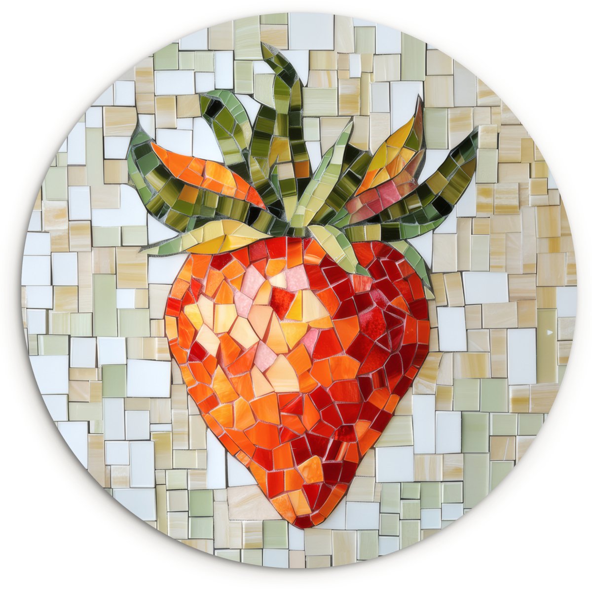 WallCircle Wandcirkel 150x150 cm - Muurcirkel Aardbei - Rood - Mozaïek - Fruit - Muurdecoratie woonkamer - Wanddecoratie slaapkamer - Kamer decoratie accessoires - Ronde schilderijen Aardbei - Mozaïek