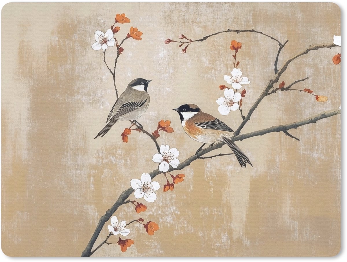Muismat 23x19 cm - Mousepad Vogels - Bloesemtak - Bloemen - Oranje - Muismatten