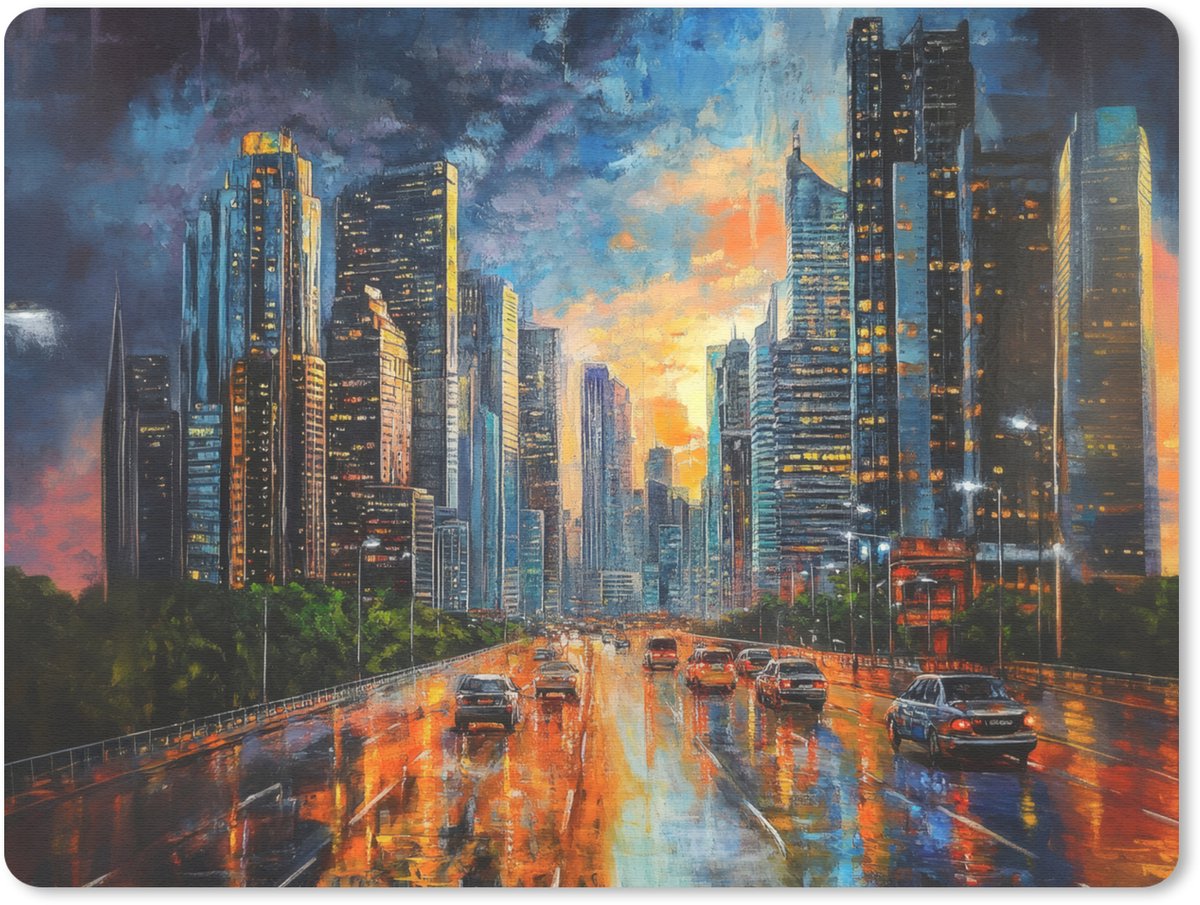 Muismat 23x19 cm - Mousepad Auto - Skyline - Zon - Blauw - Muismatten