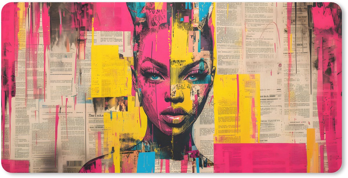Muismat XXL 100x50 cm - Bureau onderlegger - Bureau mat Vrouwengezicht - Krantenpapier - Abstract - Roze - Bureaumat - Gaming mousepad xl - Bureaulegger groot - Computer deskmat