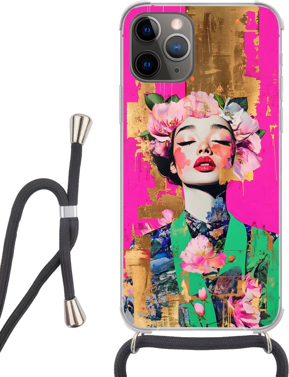 Telefoonhoesje Geschikt voor iPhone 13 Pro - Bloemenkroon - Goud - Vrouw - Portret - Siliconen - Crossbody - Backcover met Koord - Telefoonhoesje met koord - Hoesje met touw Telefoonhoesje