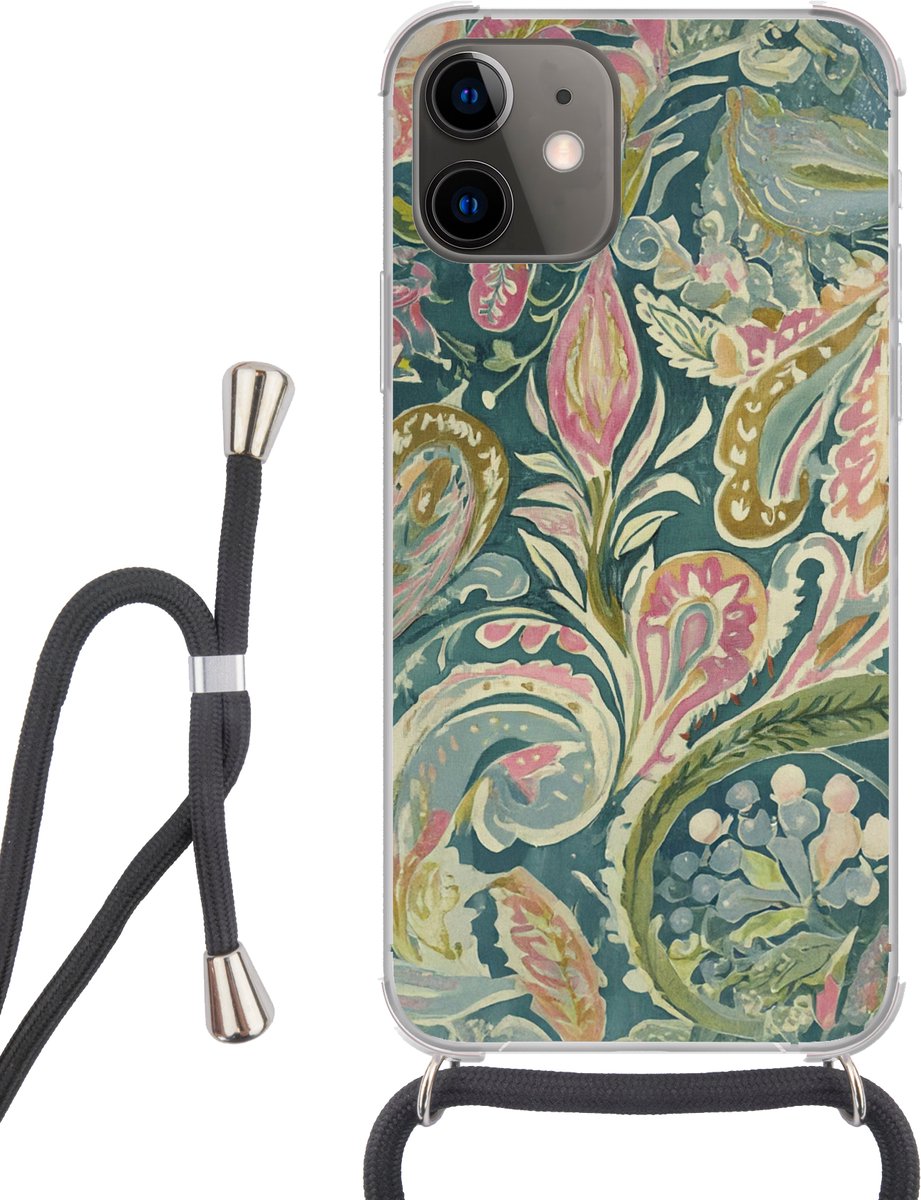 Telefoonhoesje Geschikt voor iPhone 12 - Patroon - Kleurrijk - Sierlijk - Groen - Siliconen - Crossbody - Backcover met Koord - Telefoonhoesje met koord - Hoesje met touw Telefoonhoesje