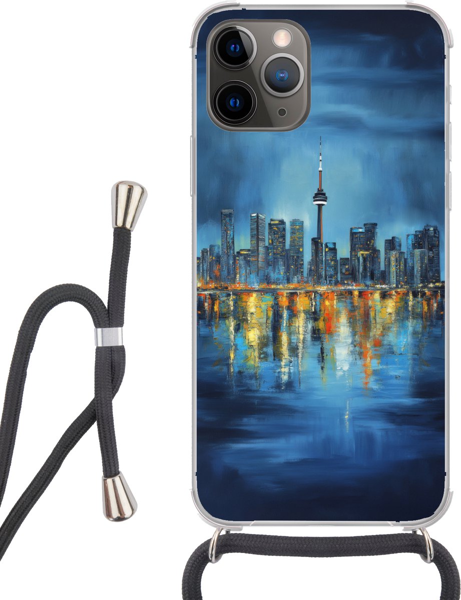 Telefoonhoesje Geschikt voor iPhone 12 pro crossbody - Skyline Toronto - Water - Stadslichten - Toren - Siliconen - Crossbody - Backcover met Koord - Telefoonhoesje met koord - Hoesje met touw Telefoonhoesje
