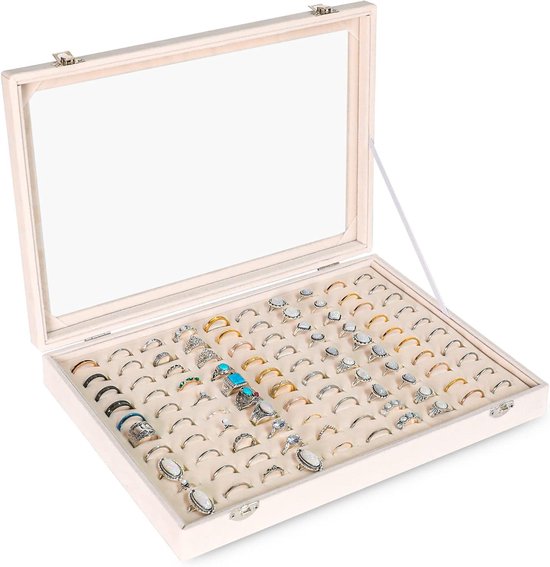 Ringen Organizer Tray, 7 Slots Fluwelen Ringen Oorbel Organizer Tray Met Doorzichtig Deksel Oorbel Ketting Organizer Stand Sieraden Display Opbergdoos(Grijs