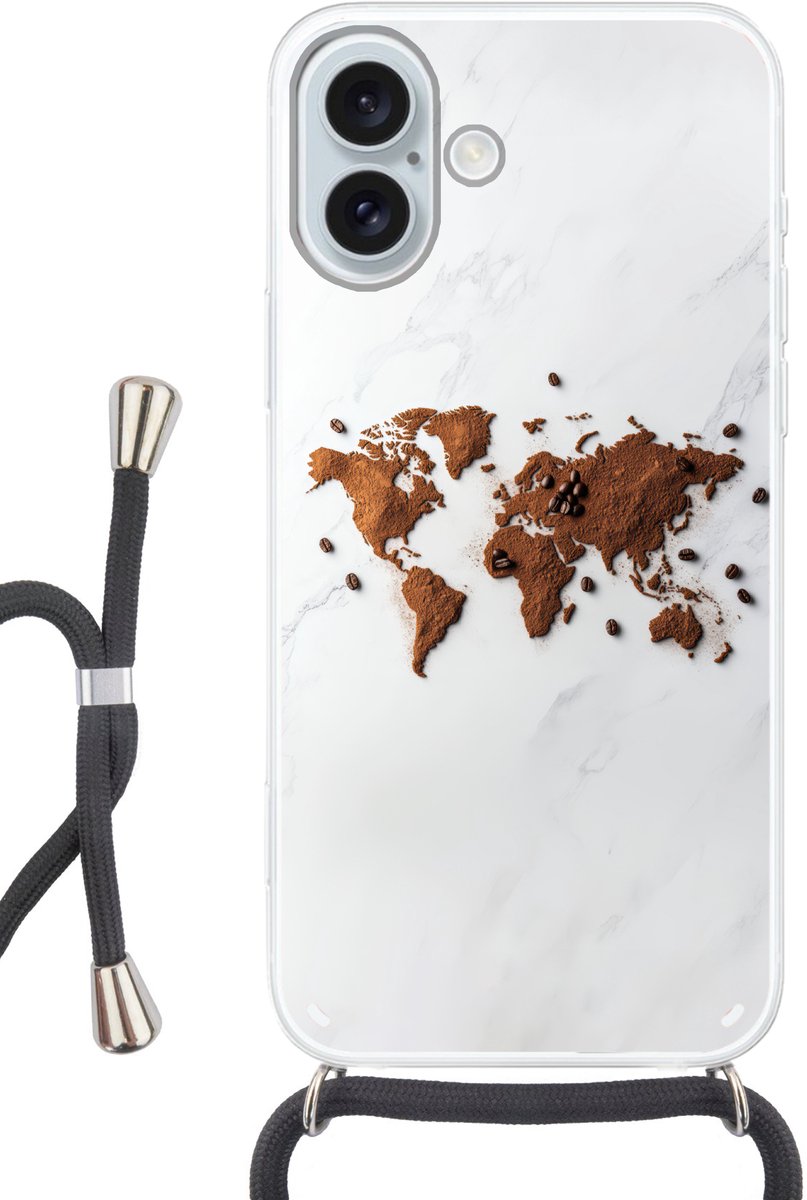 Telefoonhoesje Geschikt voor iPhone 16 Plus met koord - Wereldkaart - Koffie - Marmer print - Siliconen - Crossbody - Backcover met Koord - Telefoonhoesje met koord - Hoesje met touw Telefoonhoesje