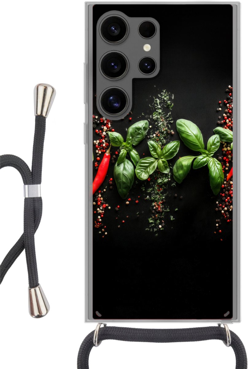 Telefoonhoesje Geschikt voor Samsung Galaxy S24 Ultra - Chilipepers - Basilicum - Blaadjes - Rood - Siliconen - Crossbody - Backcover met Koord - Telefoonhoesje met koord - Hoesje met touw Telefoonhoesje