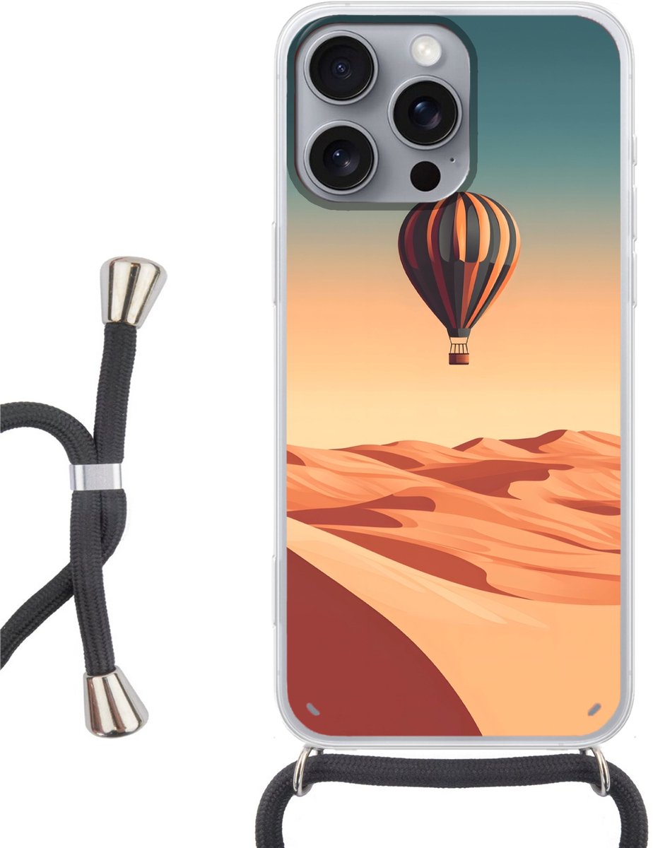 Telefoonhoesje Geschikt voor iPhone 16 Pro Max - Luchtballon - Woestijn - Zonsondergang - Blauw - Siliconen - Crossbody - Backcover met Koord - Telefoonhoesje met koord - Hoesje met touw Telefoonhoesje