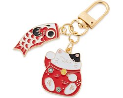 Sleutelhanger Maneki Neko I Leuke Japanse Sleutelhouder I Sleutelhouder I RVS I Rood/Wit