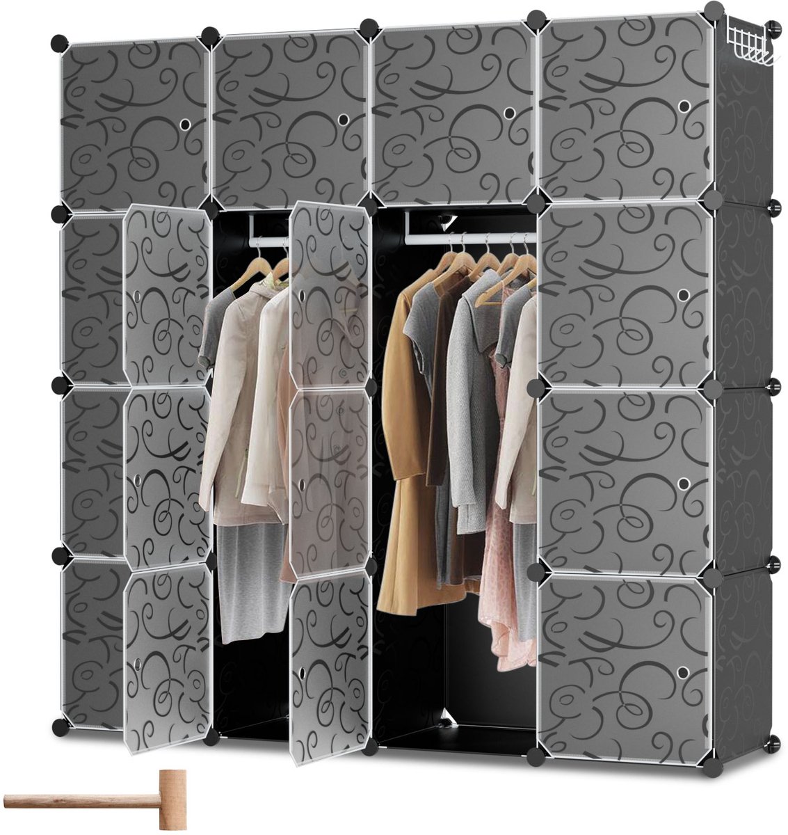 Kledingkast met 16 Opslagvakken - DIY Garderobekast (BxHxD): 140x140x35cm - Zwart - Kunsts