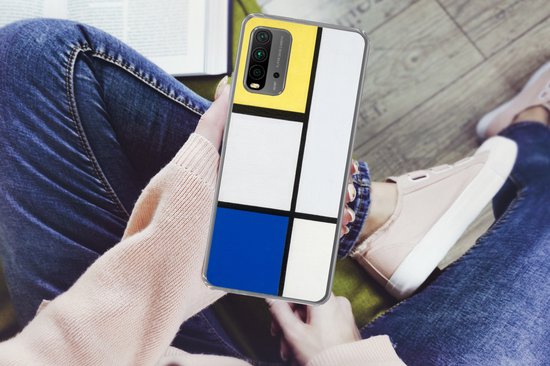 Coque Xiaomi Redmi 9T - Composition avec du jaune, du bleu et du noir - Piet Mondrian - Coque de téléphone en Siliconen