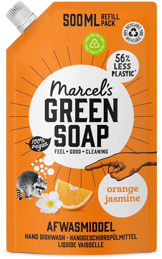 Orange refill pouch for Marcel's Green Soap, with orange and jasmine scent. Features a raccoon, orange slice and jasmine blossom.