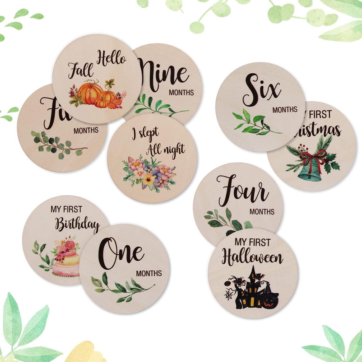 Image of 10pcs Baby Maand Milestone Kaarten - Dubbele Zijde Houten Nieuwe Aanbouw - Fotoproppen voor Baby's - Baby Festivals Cadeau - Nursery Decor
