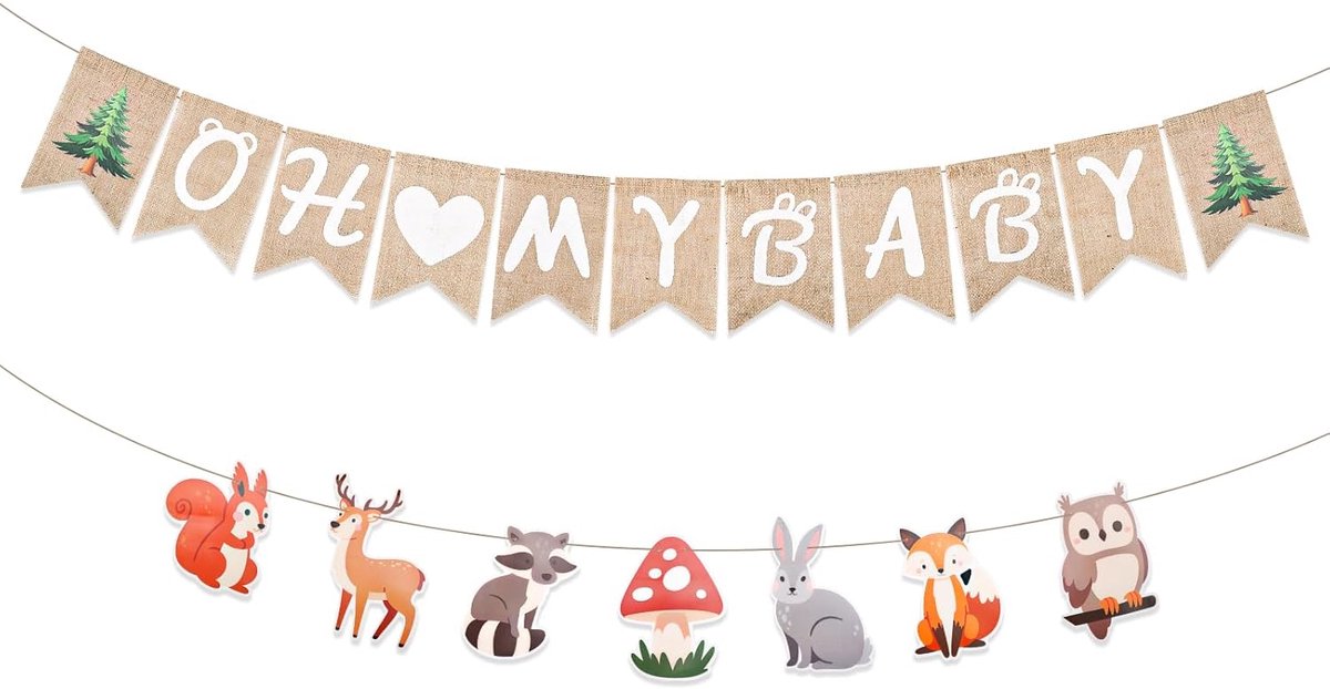 Image of 2Pcs Oh Baby Banner, 185cm Baby Shower Decorations Cute Mushroom Reindeer Rabbit Owl Welcome Baby Garlands Sweet Baby Shower Sign Gender Reveal Decoration for Forest Theme Animal Party