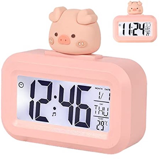 Cosiki Schattig elektronisch alarm, cartoon-led-scherm, elektronische klok, helder display, oogbescherming, digitaal voor slaapkamer (wit schaap