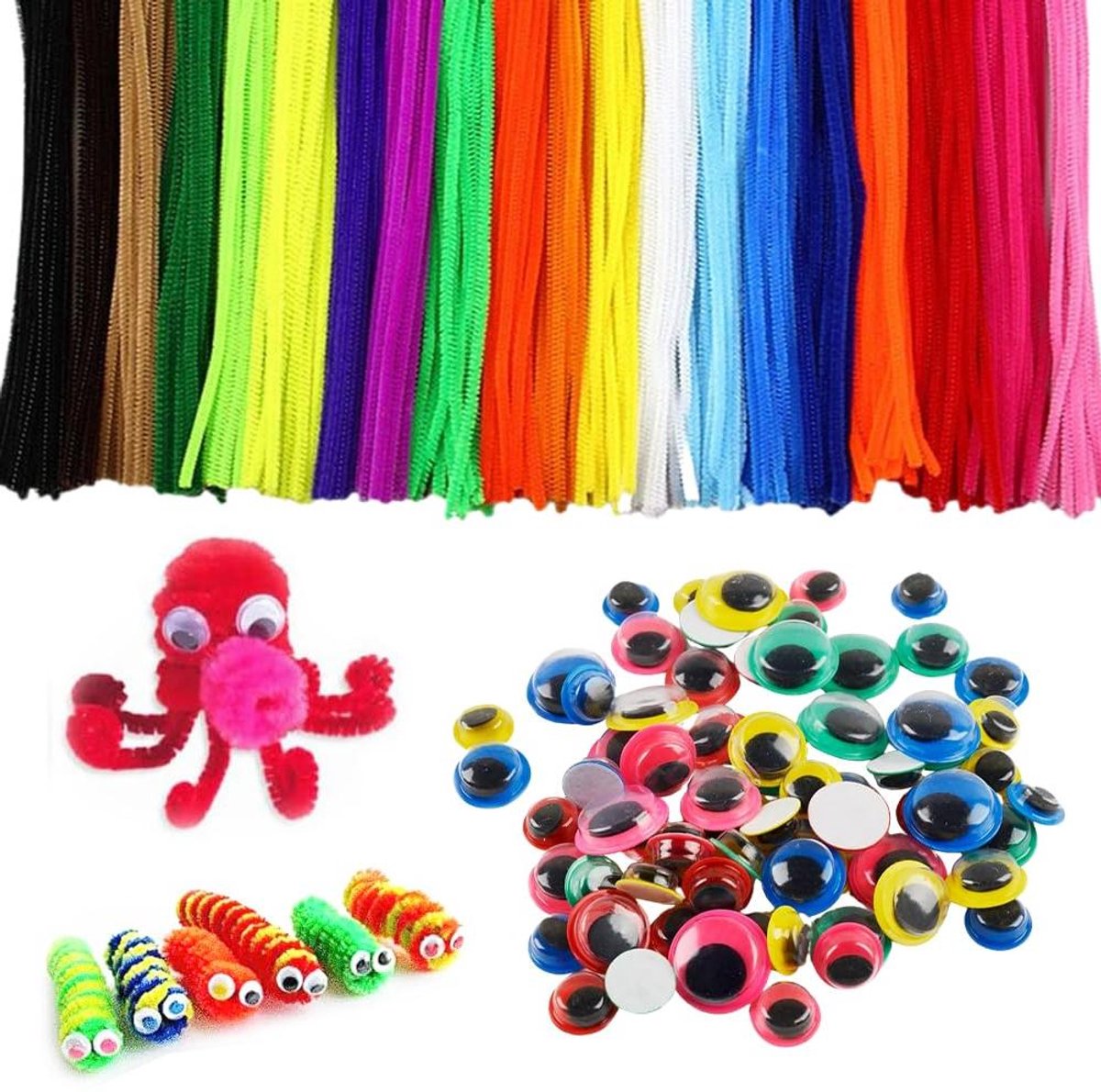 HexinYigjly 500 stuks 300 pijpenrassers om te knutselen, 27 kleuren, chenilledraad, 30 cm, 150 zelfklevende wiebelogen, pijpreiniger voor doe -het-zelfprojecten en knutseldecoratie voor kinderen