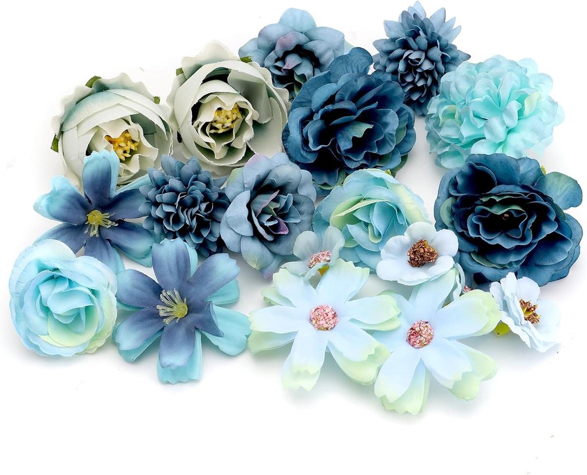 ByShane - Kunstbloemen set van 20 stuks voor knutselen en decoreren - Blauwe bloemen van stof en plastic - Hoofdtooi feestdecoratie - Huisdecoratie
