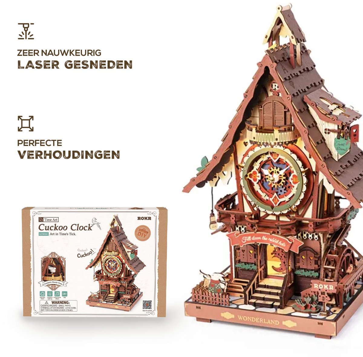 ROBOTIME 3D Wooden Puzzles for Adults-Cuckoo Clock Wooden Models for Adults to Build-435 Piece Model Kit with 2 Lights-Gift for Craft Enthusiast Model Building Set (Colourful) — afbeelding 5