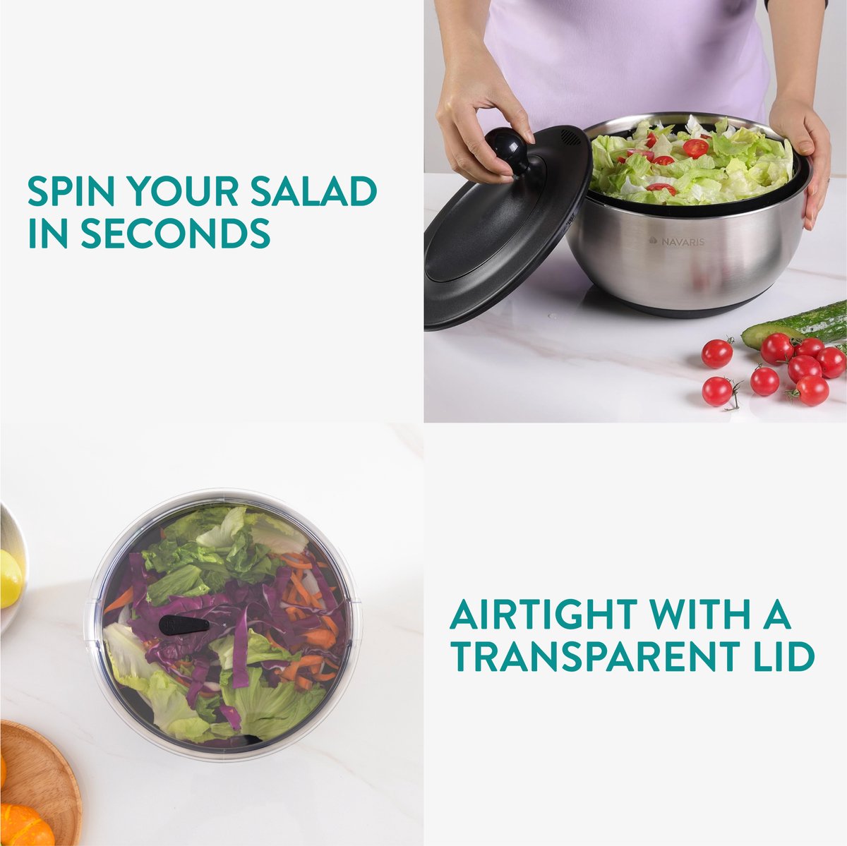 Essoreuse à Salade Navaris Avec Râpes Intégrées - Acier Inoxydable, Multifonction - Inclut 5 Disques Trancheurs