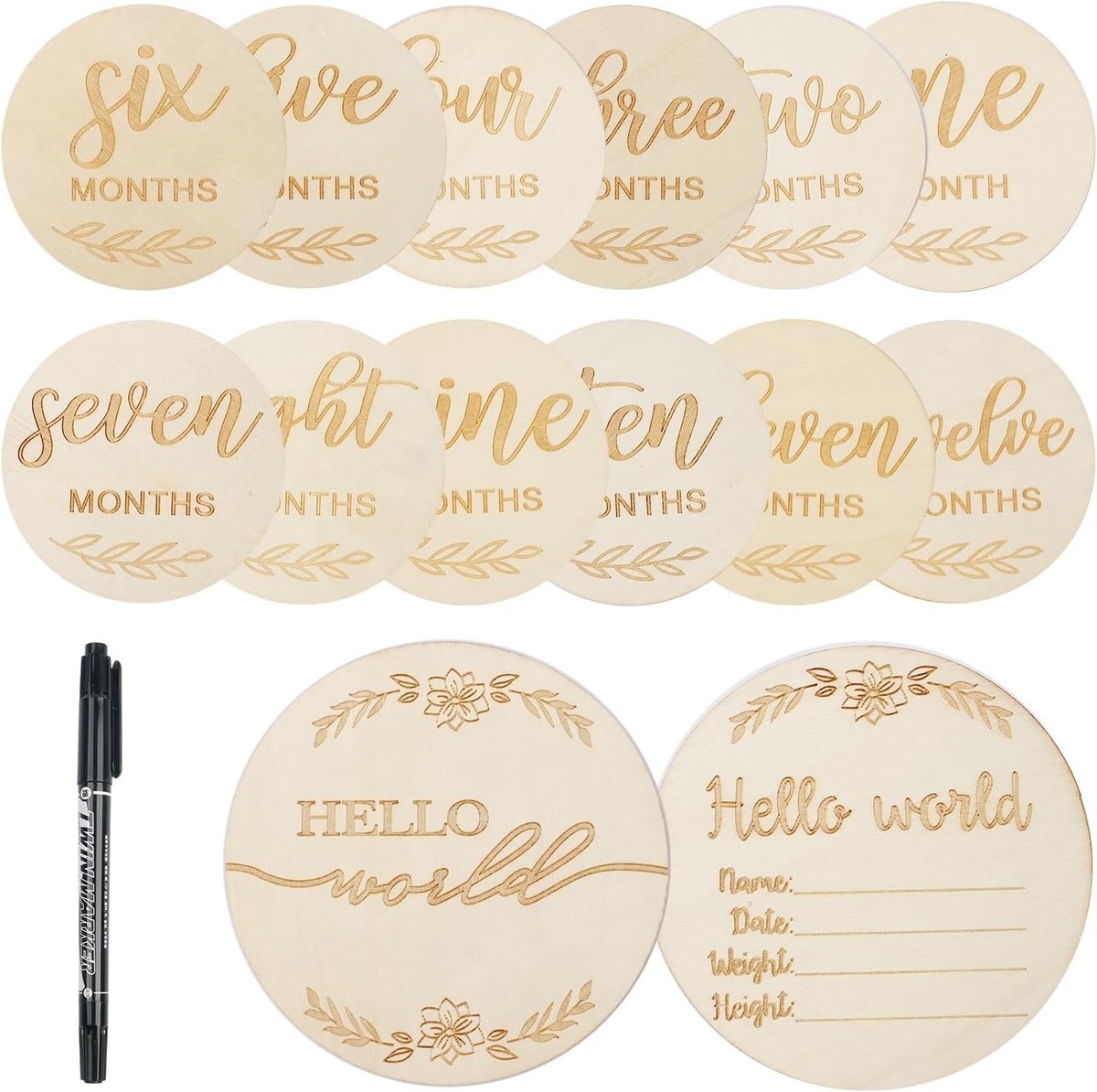 15pcs Houten Baby Geboorte Aankondiging Sign Set - Ronde Baby Maandelijkse Mijlpalen Kaarten Plaque - Nieuwe Naam Aankondiging voor Ziekenhuis Nursery Fotoproppen