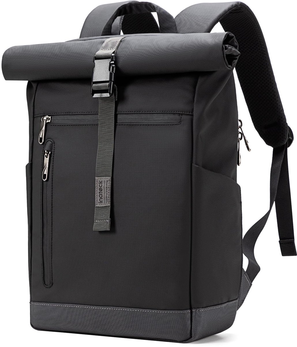 Inateck RollTop Rugzak Heren Dames 13L-17L Fietsrugzak Schoolrugzak voor Universiteit Vrije tijd Werk Sport Reizen, Stijlvolle Dagrugzak met 15 inch Laptopvak, Zwart