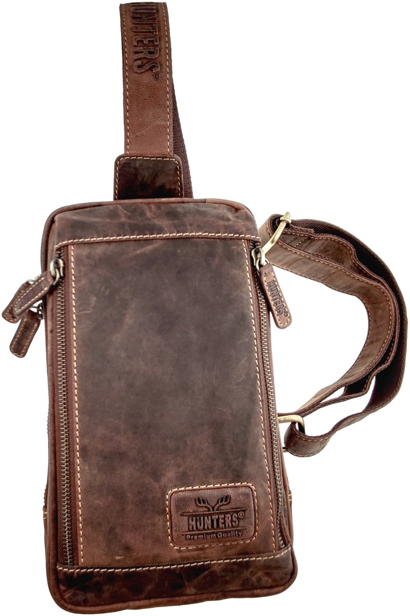 Hunters Crossbodytas Unisex - Bruin 100% Buffelleer - Schoudertas met 4 Compartimenten
