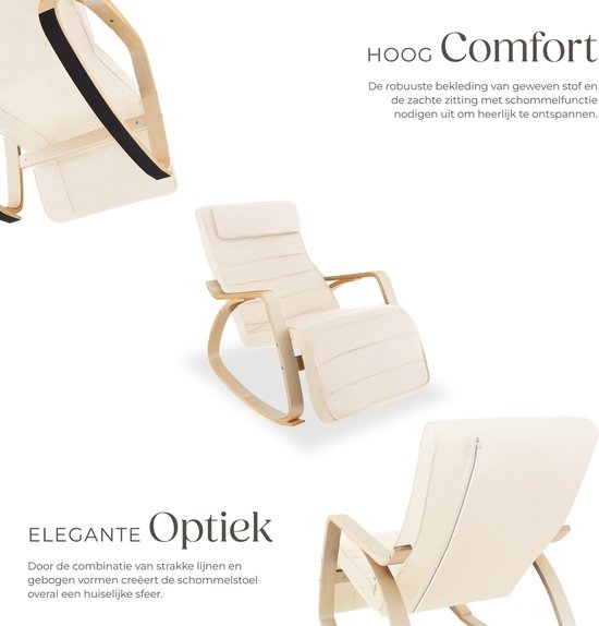 Drie weergaven van een crèmekleurige schommelstoel met houten frame. Tekst: HOOG Comfort, Elegante Optiek.