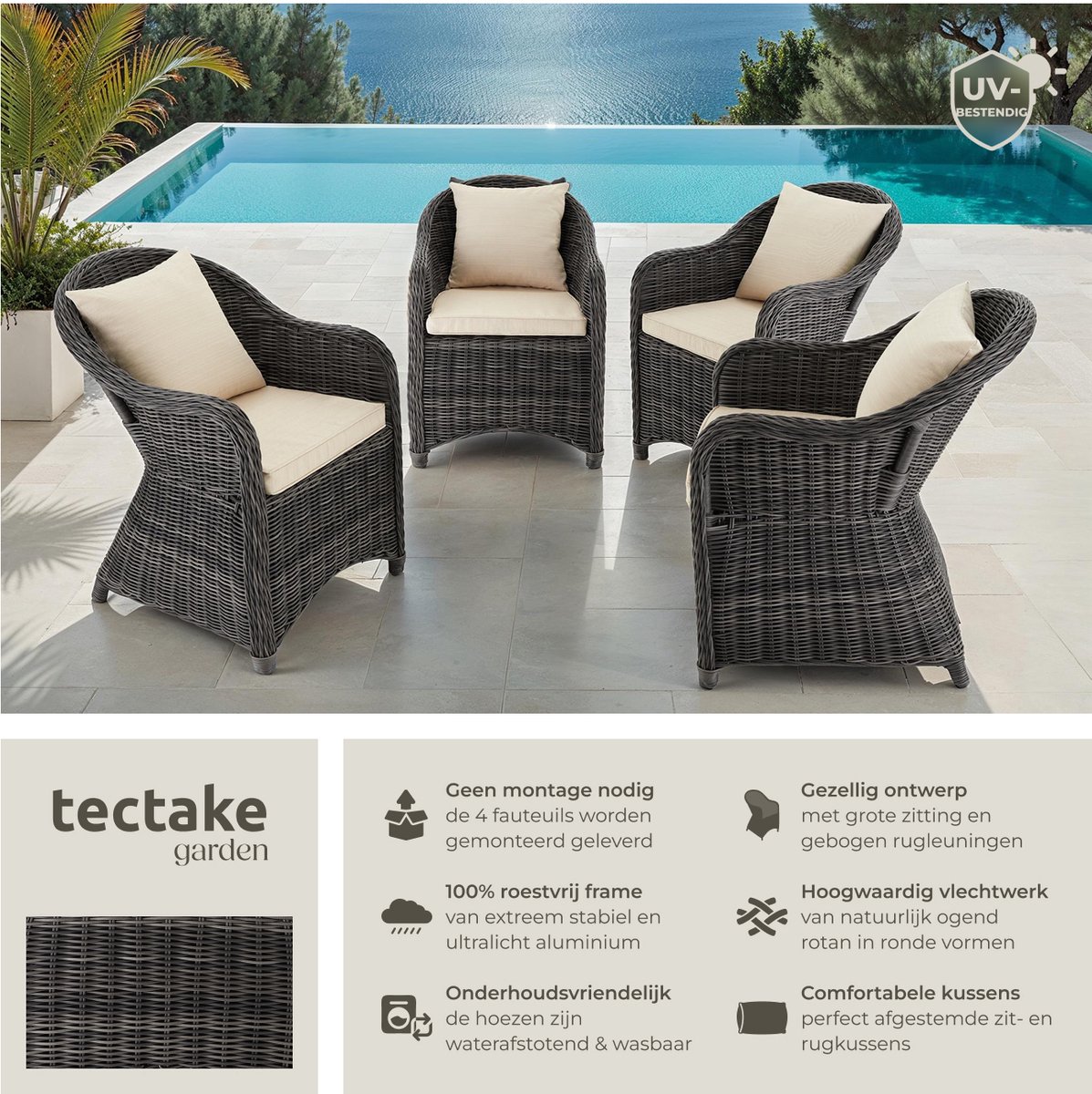 tectake® Set van 4 Wicker Stoelen - Polyrotan Tuinstoelen met Aluminium Frame - Rieten Buitenstoelen met Zachte Zitkussens - Weerbestendig voor Tuin, Terras, Balkon en Wintertuin - Grijs – foto 4