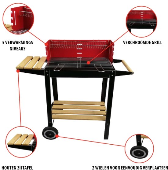 BBQ Collection Barbecue Houtskool - Houtskoolbarbecue met Wielen - Barbeque Verstelbaar Rooster en Windscherm - Barbecue met Zijtafel - Zwart van BBQ Collection — afbeelding 4