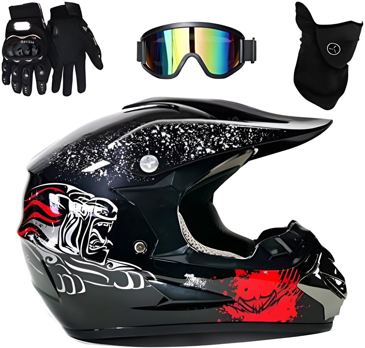 PolkaHome Zwarte Crossmotorhelm Voor Kinderen, Full Face Mountainbike Helm Met Bril, Verstelbare Maat Inclusief 4 Binnenvoeringen