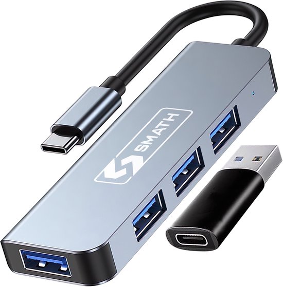 Smath® USB C Hub 3.0 - USB Splitter met 4 Poorten - USB Hub voor Laptop en PC - Aluminium Behuizing - Inclusief USB A Converter