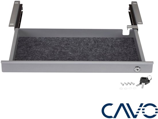 Grijze metalen lade met vilten interieur, twee sleutels en bevestigingsschroeven. Uittrekbaar op metalen rails. Met CAVO logo.